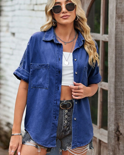 Collared Neck Denim Jacket with Pockets - THE AMERICAN BLUE