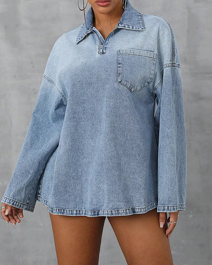 Collared Neck Drop Shoulder Denim Top - THE AMERICAN BLUE