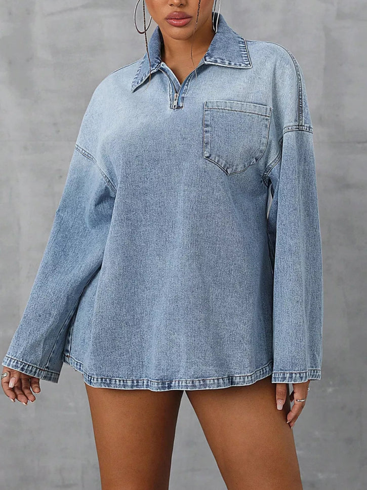 Collared Neck Drop Shoulder Denim Top - THE AMERICAN BLUE