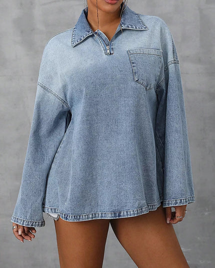 Collared Neck Drop Shoulder Denim Top - THE AMERICAN BLUE