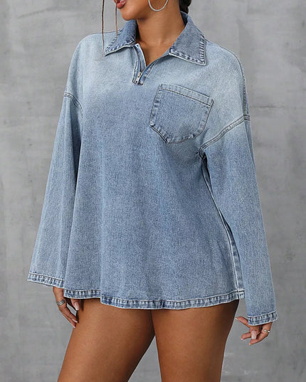 Collared Neck Drop Shoulder Denim Top - THE AMERICAN BLUE