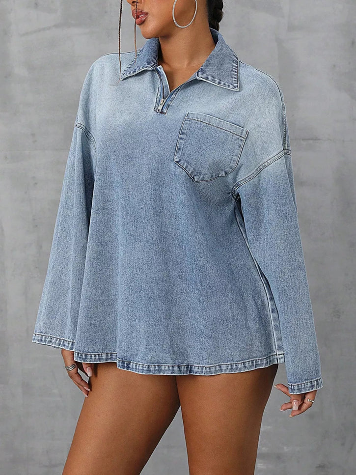 Collared Neck Drop Shoulder Denim Top - THE AMERICAN BLUE
