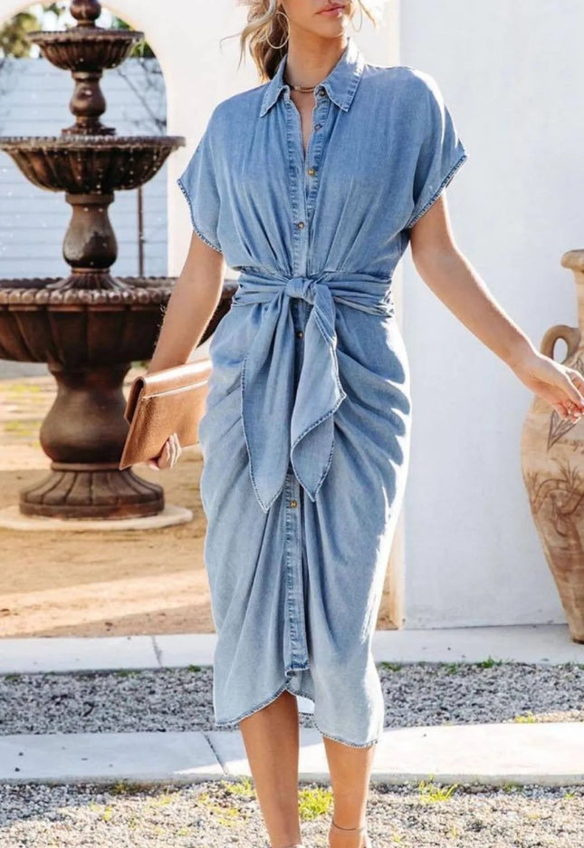 Collared Neck Tie Waist Short Sleeve Denim Dress - THE AMERICAN BLUE