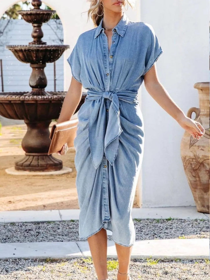 Collared Neck Tie Waist Short Sleeve Denim Dress - THE AMERICAN BLUE