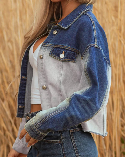 Color Block Patchwork Raw Hem Denim Jacket - THE AMERICAN BLUE