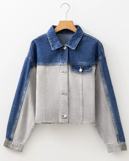 Color Block Patchwork Raw Hem Denim Jacket - THE AMERICAN BLUE