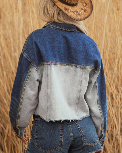 Color Block Patchwork Raw Hem Denim Jacket - THE AMERICAN BLUE