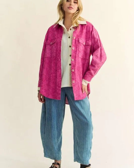 Davi & Dani Curved Hem Diamond Quilted Button Up Denim Shacket - THE AMERICAN BLUE