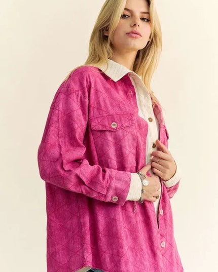 Davi & Dani Curved Hem Diamond Quilted Button Up Denim Shacket - THE AMERICAN BLUE
