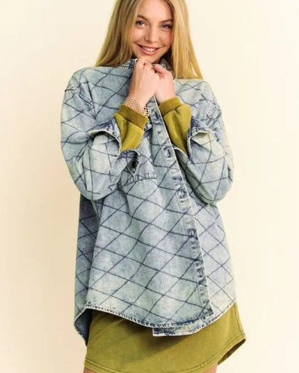 Davi & Dani Curved Hem Diamond Quilted Button Up Denim Shacket - THE AMERICAN BLUE