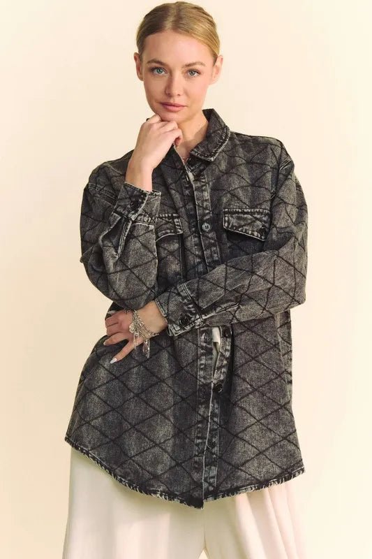 Davi & Dani Curved Hem Diamond Quilted Button Up Denim Shacket - THE AMERICAN BLUE