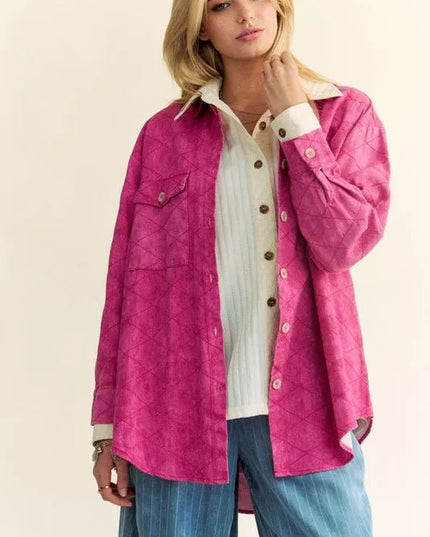 Davi & Dani Curved Hem Diamond Quilted Button Up Denim Shacket - THE AMERICAN BLUE
