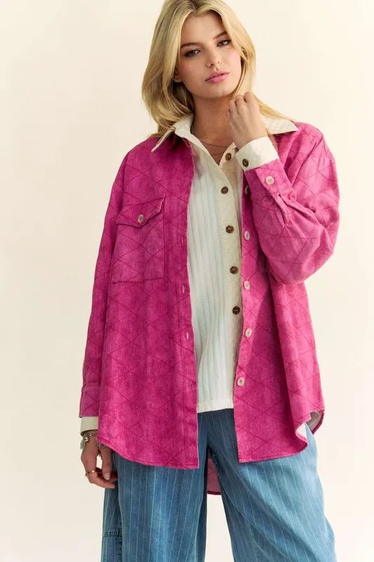 Davi & Dani Curved Hem Diamond Quilted Button Up Denim Shacket - THE AMERICAN BLUE