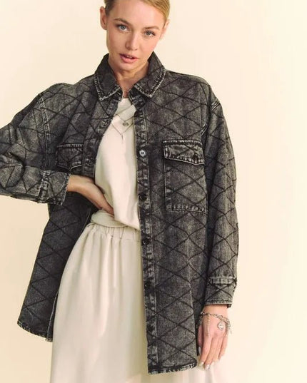 Davi & Dani Curved Hem Diamond Quilted Button Up Denim Shacket - THE AMERICAN BLUE