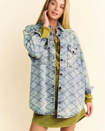 Davi & Dani Curved Hem Diamond Quilted Button Up Denim Shacket - THE AMERICAN BLUE
