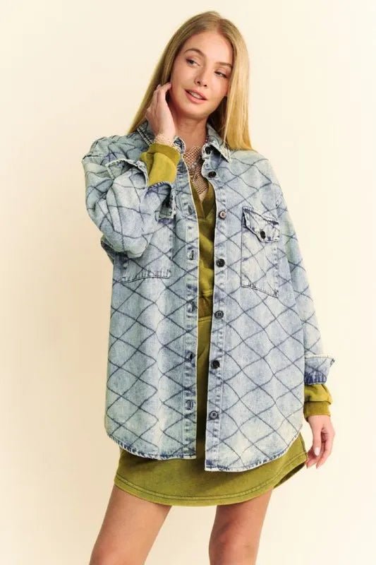 Davi & Dani Curved Hem Diamond Quilted Button Up Denim Shacket - THE AMERICAN BLUE