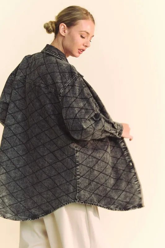 Davi & Dani Curved Hem Diamond Quilted Button Up Denim Shacket - THE AMERICAN BLUE