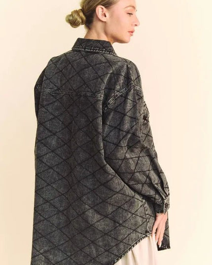 Davi & Dani Curved Hem Diamond Quilted Button Up Denim Shacket - THE AMERICAN BLUE