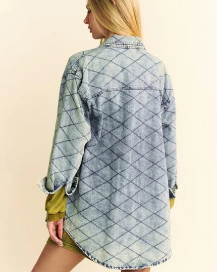 Davi & Dani Curved Hem Diamond Quilted Button Up Denim Shacket - THE AMERICAN BLUE