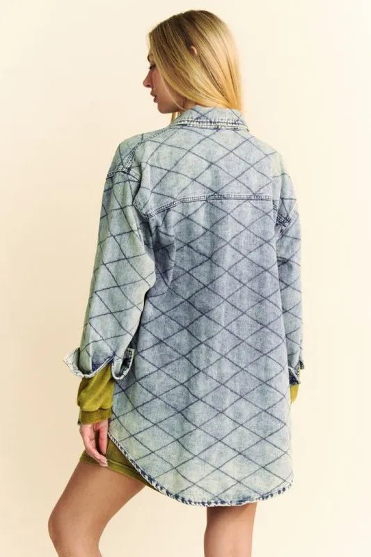 Davi & Dani Curved Hem Diamond Quilted Button Up Denim Shacket - THE AMERICAN BLUE