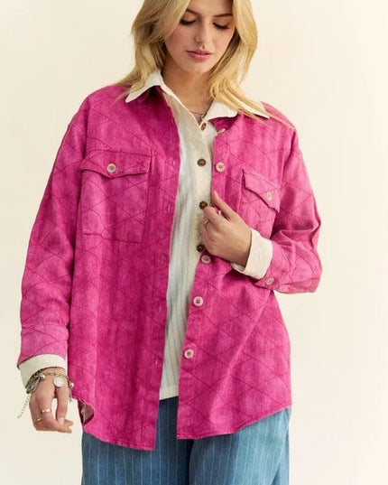 Davi & Dani Curved Hem Diamond Quilted Button Up Denim Shacket - THE AMERICAN BLUE
