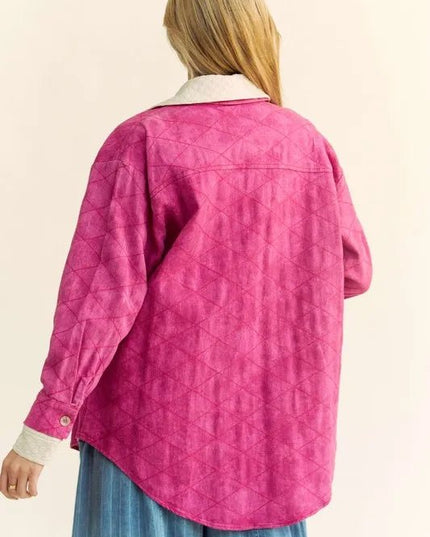 Davi & Dani Curved Hem Diamond Quilted Button Up Denim Shacket - THE AMERICAN BLUE