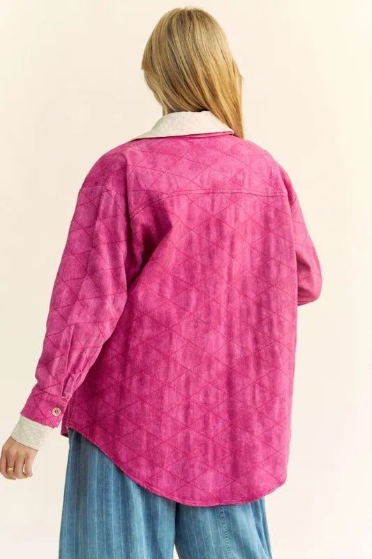 Davi & Dani Curved Hem Diamond Quilted Button Up Denim Shacket - THE AMERICAN BLUE