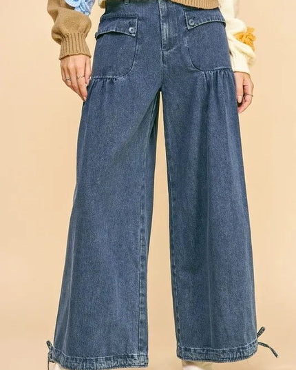 Davi & Dani Drawstring Hem Wide Leg Mid Rise Jeans - THE AMERICAN BLUE