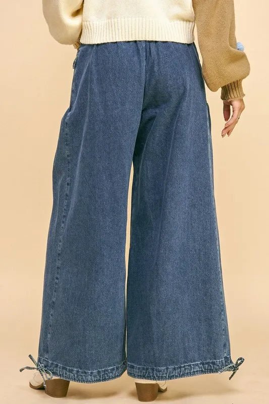 Davi & Dani Drawstring Hem Wide Leg Mid Rise Jeans - THE AMERICAN BLUE