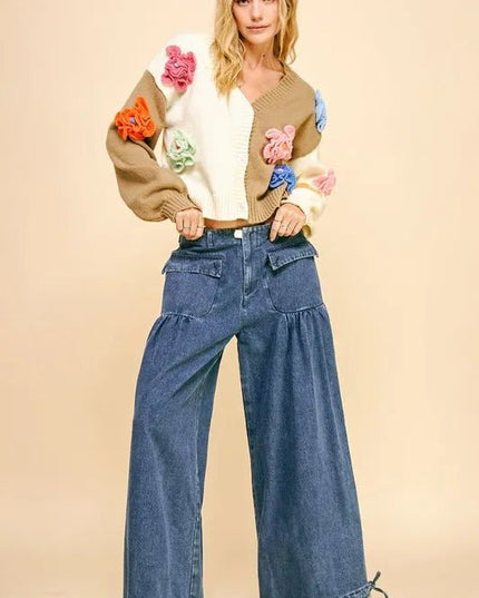 Davi & Dani Drawstring Hem Wide Leg Mid Rise Jeans - THE AMERICAN BLUE