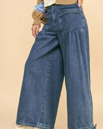 Davi & Dani Drawstring Hem Wide Leg Mid Rise Jeans - THE AMERICAN BLUE
