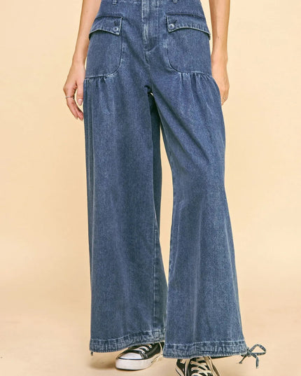 Davi & Dani Drawstring Hem Wide Leg Mid Rise Jeans - THE AMERICAN BLUE
