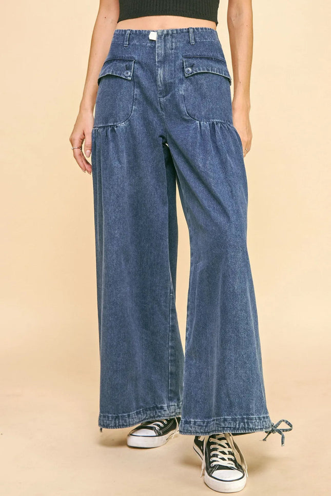 Davi & Dani Drawstring Hem Wide Leg Mid Rise Jeans - THE AMERICAN BLUE