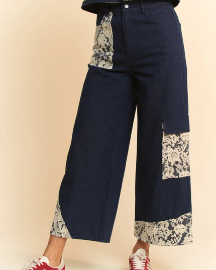 Davi & Dani Lace Applique Wide Leg Jeans - THE AMERICAN BLUE