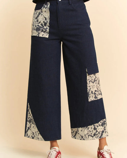 Davi & Dani Lace Applique Wide Leg Jeans - THE AMERICAN BLUE