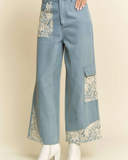 Davi & Dani Lace Applique Wide Leg Jeans - THE AMERICAN BLUE