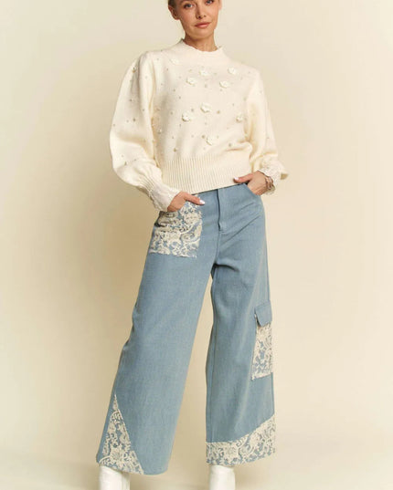 Davi & Dani Lace Applique Wide Leg Jeans - THE AMERICAN BLUE