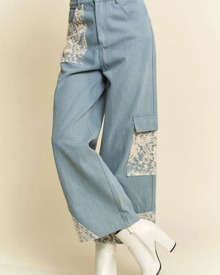 Davi & Dani Lace Applique Wide Leg Jeans - THE AMERICAN BLUE