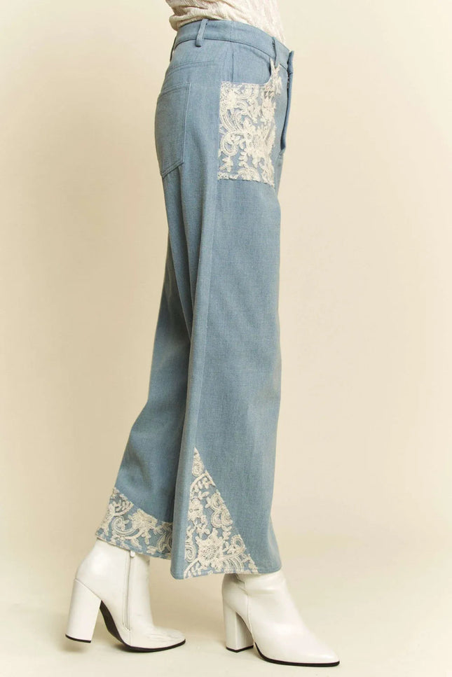 Davi & Dani Lace Applique Wide Leg Jeans - THE AMERICAN BLUE
