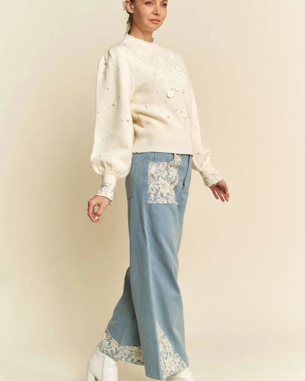 Davi & Dani Lace Applique Wide Leg Jeans - THE AMERICAN BLUE