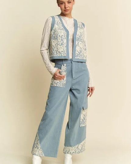 Davi & Dani Lace Patch Open Front Denim Vest - THE AMERICAN BLUE