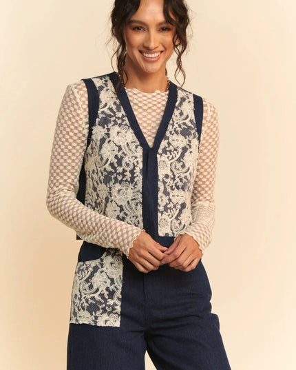 Davi & Dani Lace Patch Open Front Denim Vest - THE AMERICAN BLUE