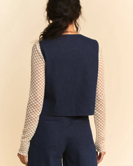 Davi & Dani Lace Patch Open Front Denim Vest - THE AMERICAN BLUE