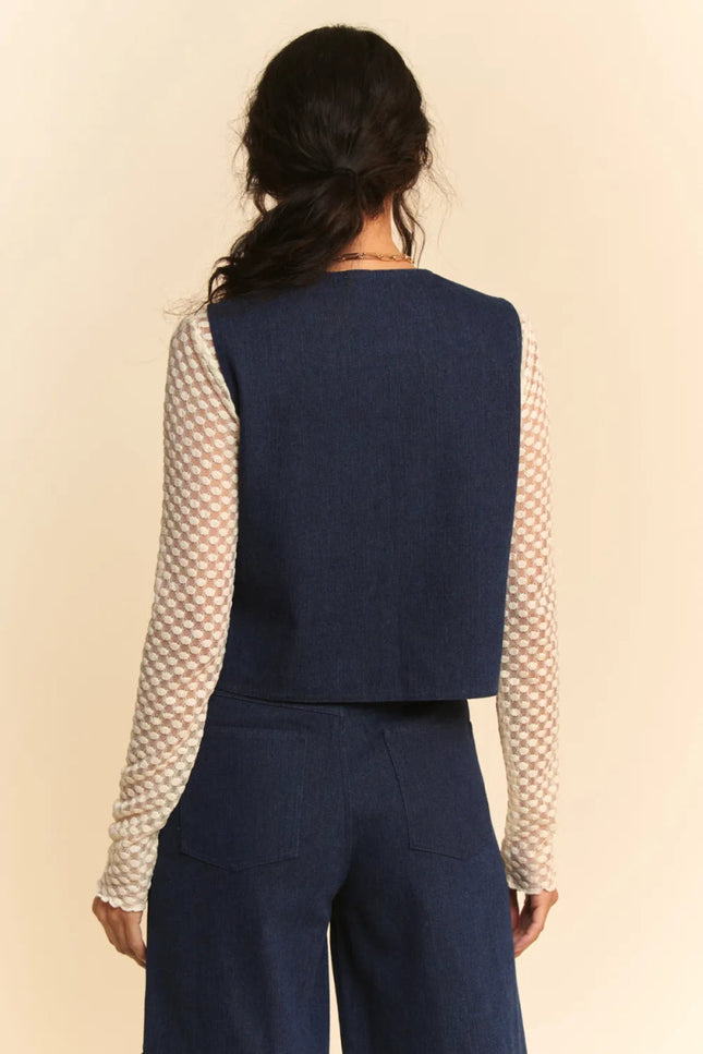 Davi & Dani Lace Patch Open Front Denim Vest - THE AMERICAN BLUE
