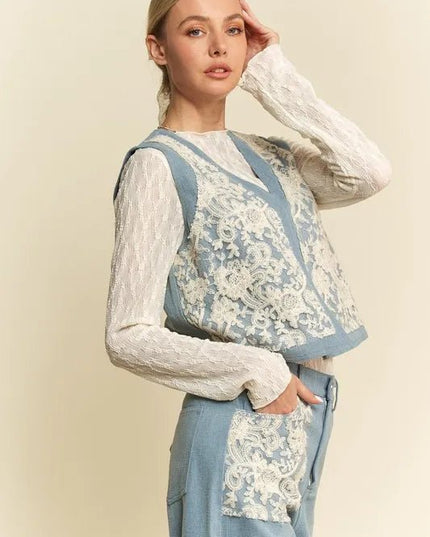 Davi & Dani Lace Patch Open Front Denim Vest - THE AMERICAN BLUE