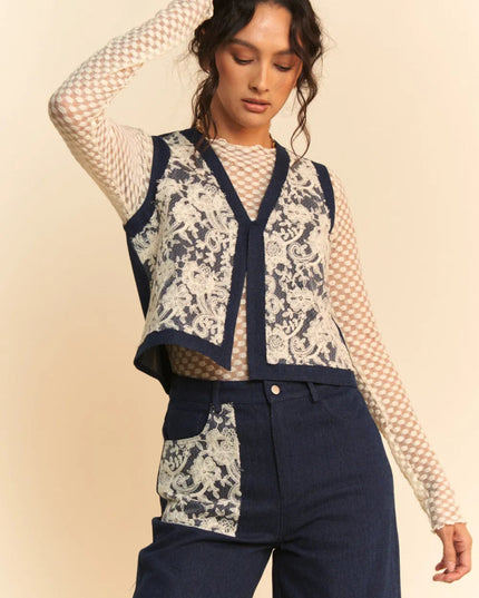 Davi & Dani Lace Patch Open Front Denim Vest - THE AMERICAN BLUE