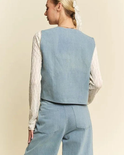Davi & Dani Lace Patch Open Front Denim Vest - THE AMERICAN BLUE