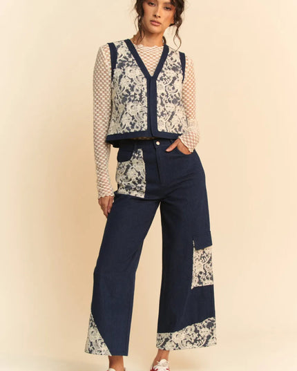 Davi & Dani Lace Patch Open Front Denim Vest - THE AMERICAN BLUE