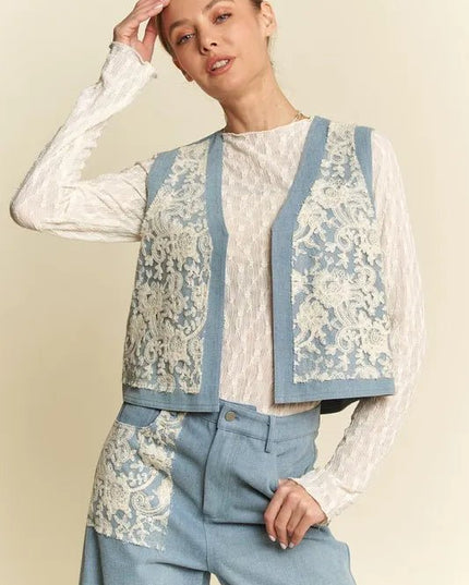 Davi & Dani Lace Patch Open Front Denim Vest - THE AMERICAN BLUE