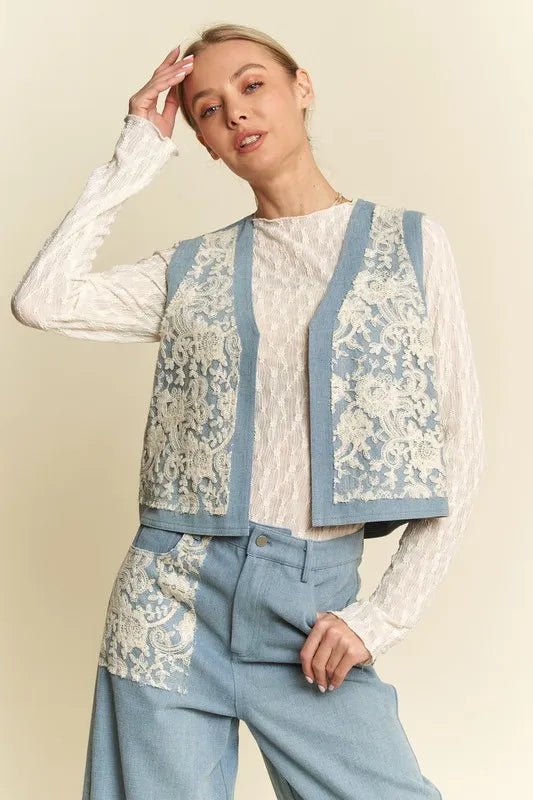 Davi & Dani Lace Patch Open Front Denim Vest - THE AMERICAN BLUE